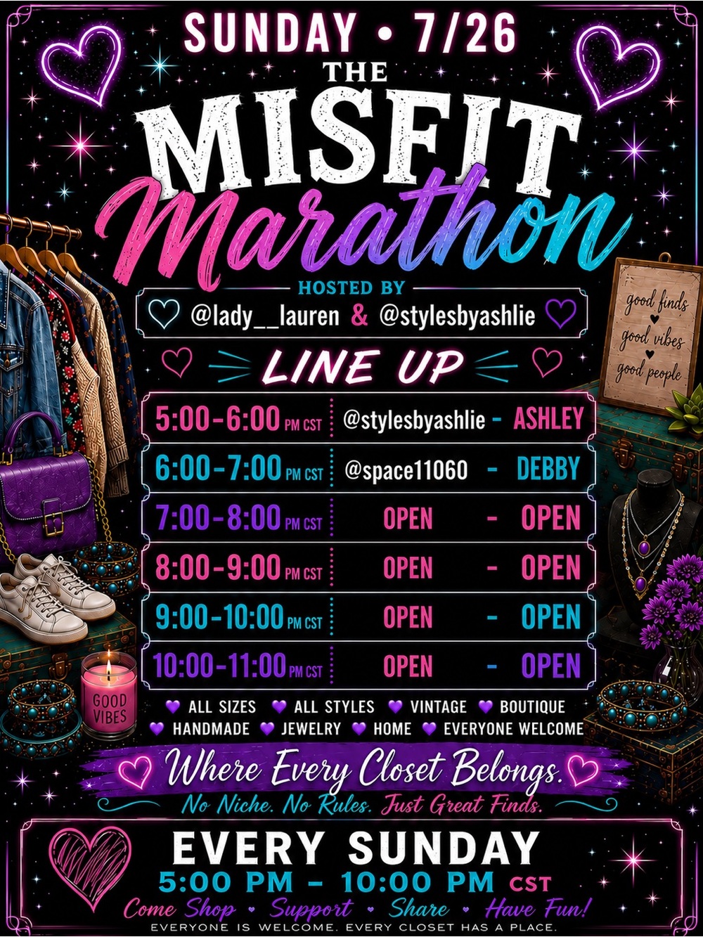 💜 All spots on Sunday from 6-10 CST/ 7-11 EST for 1 hour time slots are open!